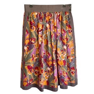 A-Line 100% Linen Midi Skirt Orange Purple Iris Print Button Side Closure Sz 10